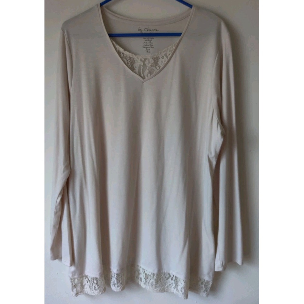 Chico's Cement Angie Lace Hem &‎ Inset Long Sleeve Ivory Women's Size 3(XL)